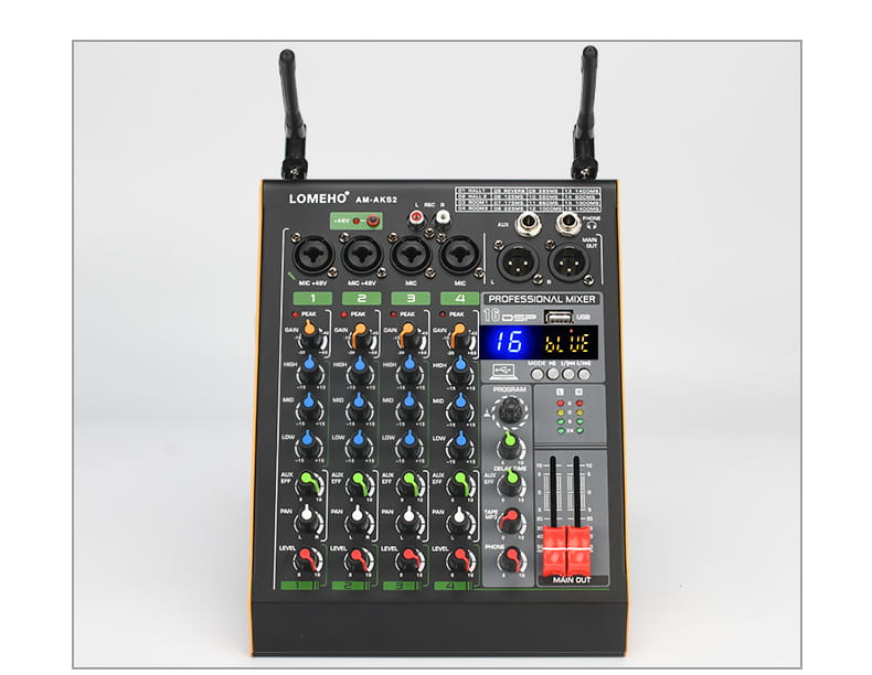 Professional 4 Channel Audio Mixer with UHF Wireless Microphone USB Bluetooth Karaoke System Sound Mixing Console LOMEHO AM-AKS2