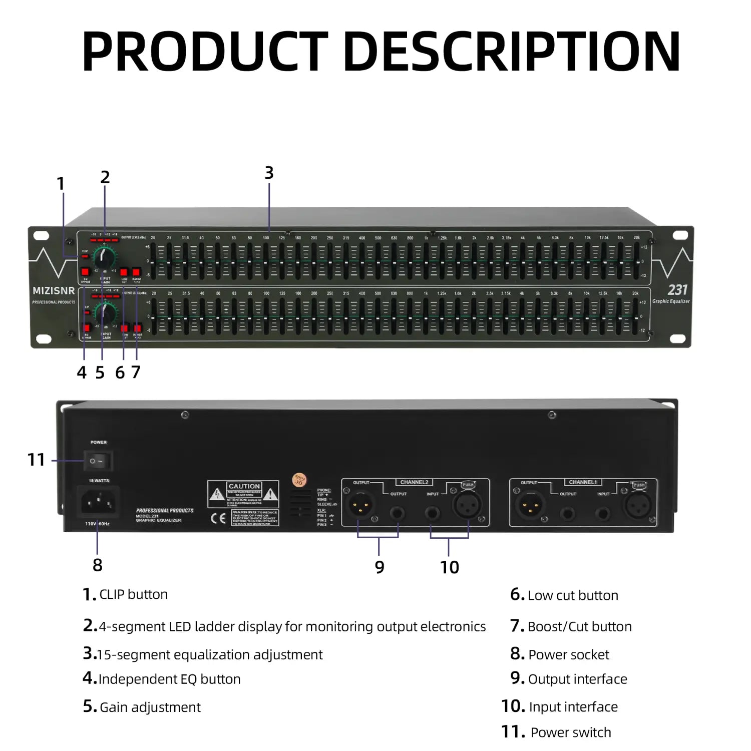 FULUODE EQ-231 Graphical equalizer 31-band stereo equalizer suitable for home audio dual-channel professional DJ equalizer
