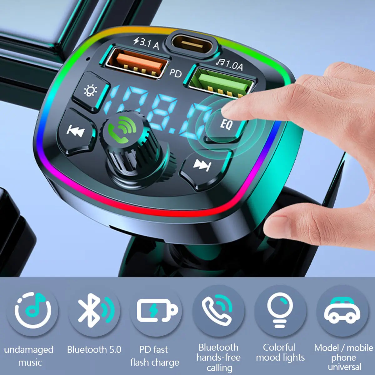 Car MP3 Player Bluetooth 5.0 FM Transmitter Handsfree Car Radio Modulator with Built-in Mic USB Quick Charge Adapter for Car