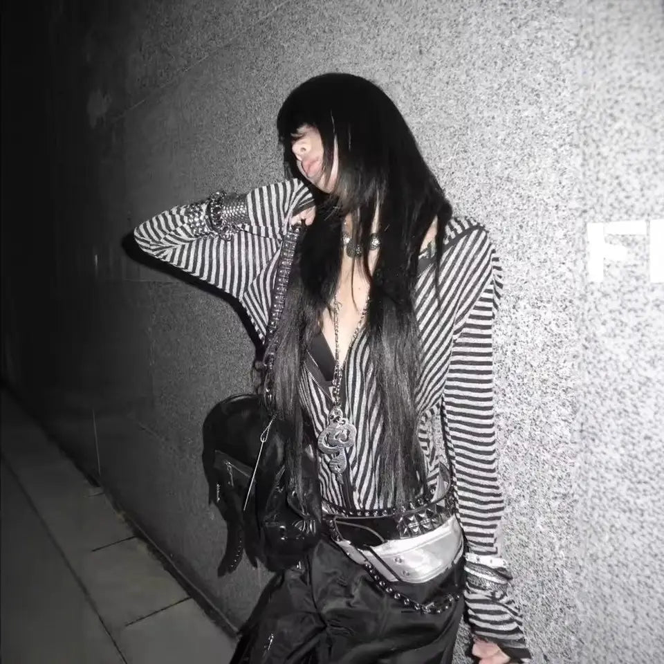 Stripe Harajuku Hip Hop Y2K Zip Up Hoodie Grunge Goth Unique Zipper Hoodie Sweatshirt Punk High Street Fashion EMO Clothes Chic