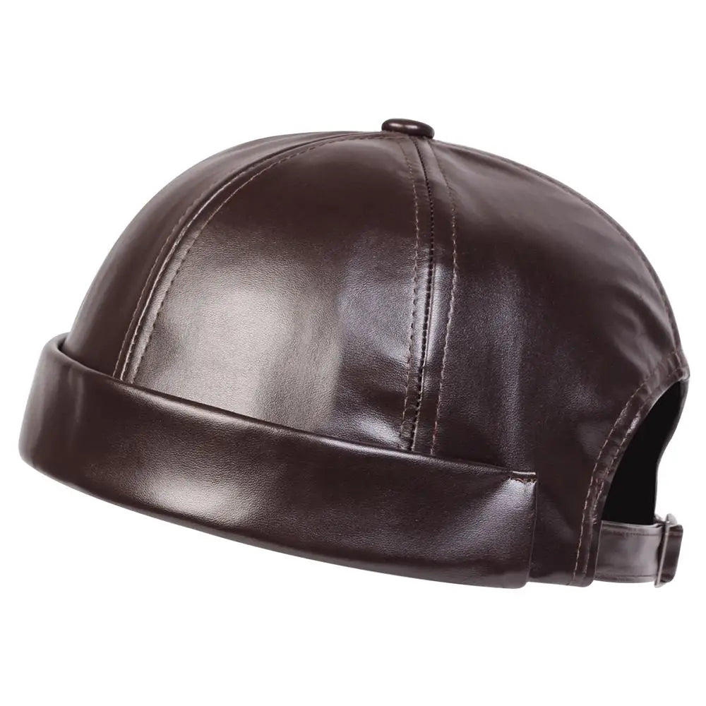 New PU Leather Landlord Hat Streetwear Melon Skin Hat Retro Unisex Hip Hop Cap Autumn Men Women Adjustable Brimless Docker Hat