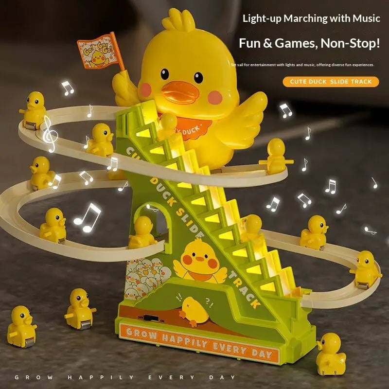 Electric Duck Climbing Stairs Toy with LED Lights & Music Roller Coaster Track Slide Parent-Child Interactive Toy for Kids