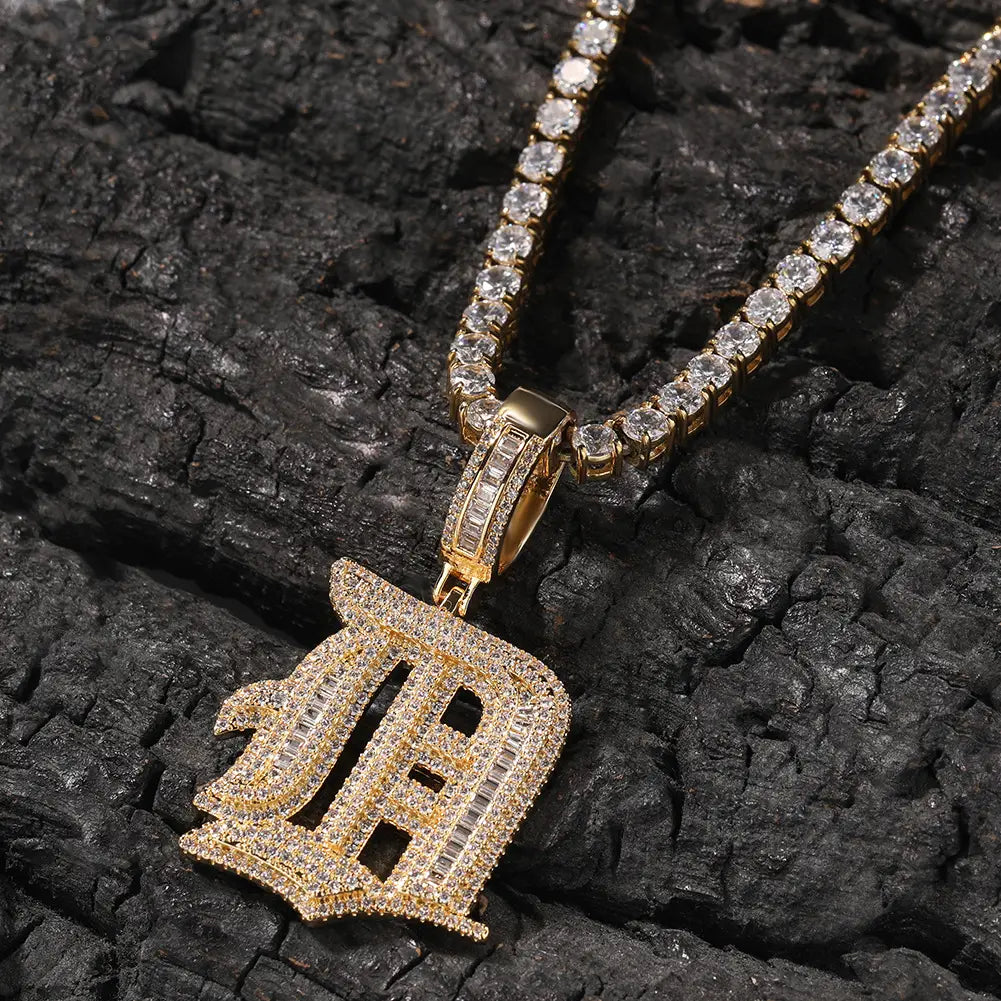 Hip Hop Micro Paved 5A+ Cubic Zirconia Bling Iced Out Old English Single CZ Letter Pendants Necklace for Men Rapper Jewelry