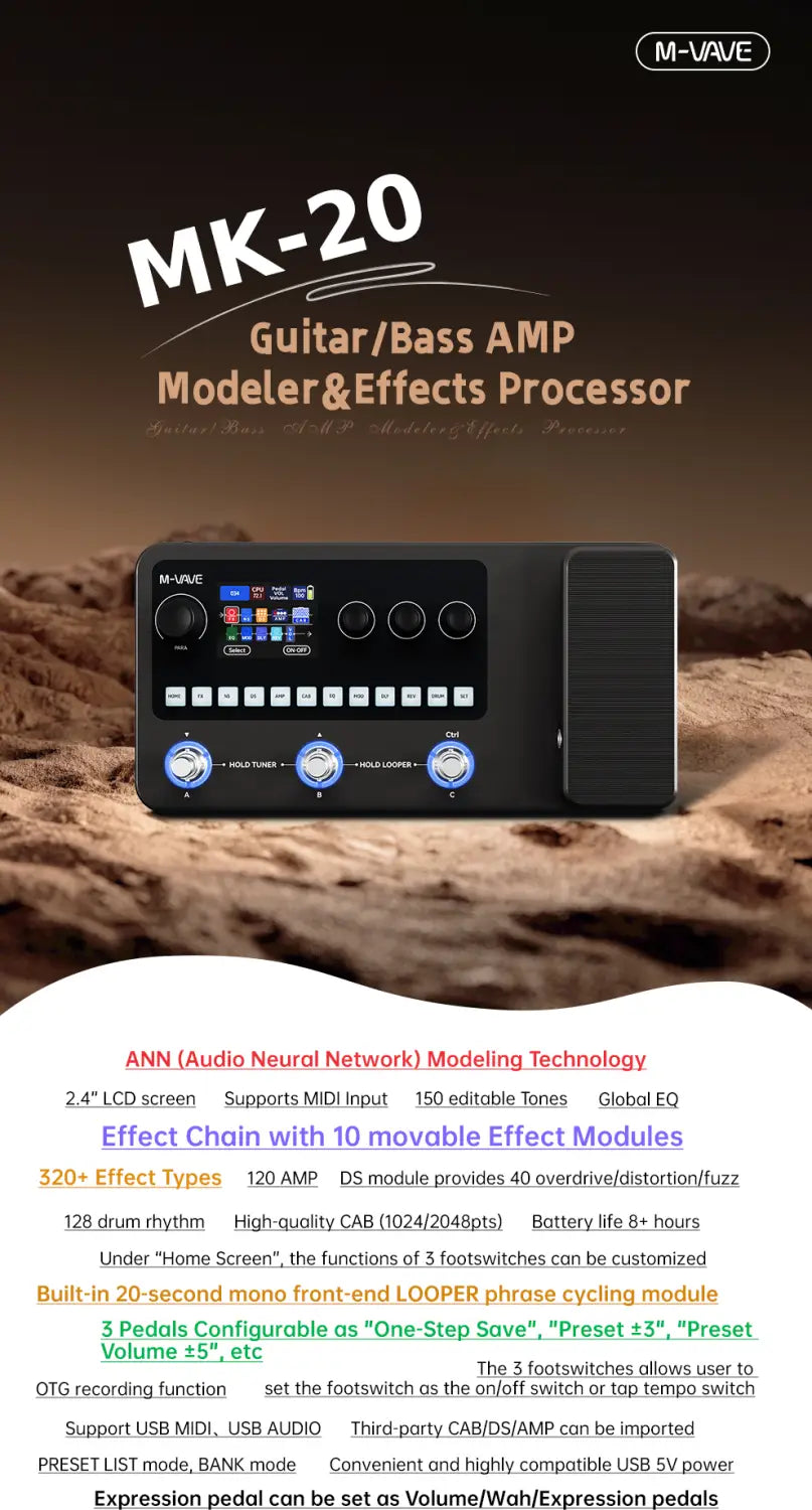 M-VAVE MK-20 Multi-Effects Processor for Guitar and Bass with Drum Machine Tuner Looper Amp Simulator USB Audio Interface