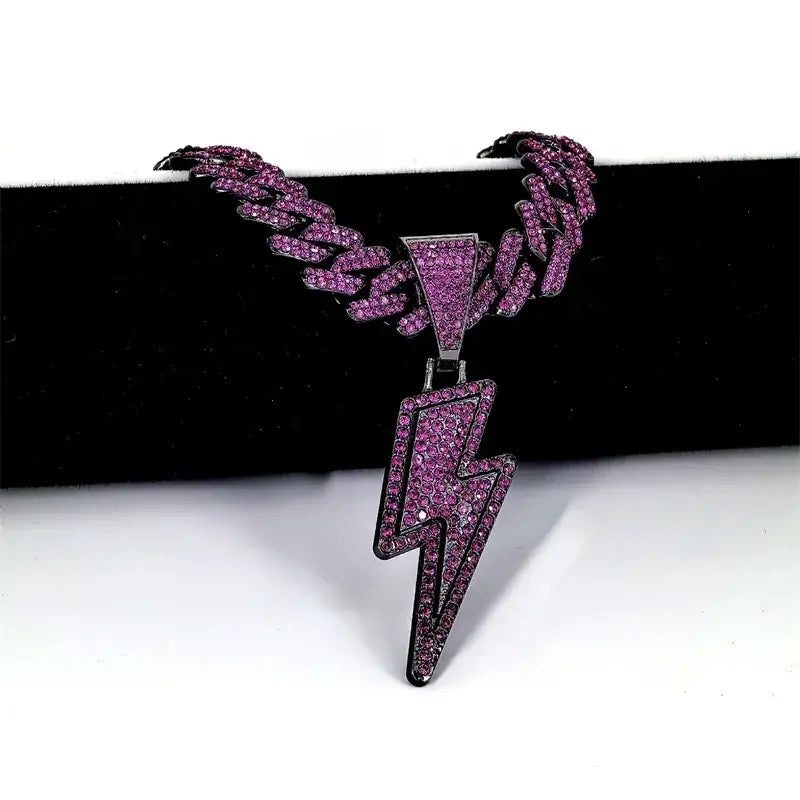 Hip Hop Full Purple Cz Zircon Lightning Pendants Necklace With 20inch Iced Out Miami Cuban Chain Rapper Party Wear Jewelry