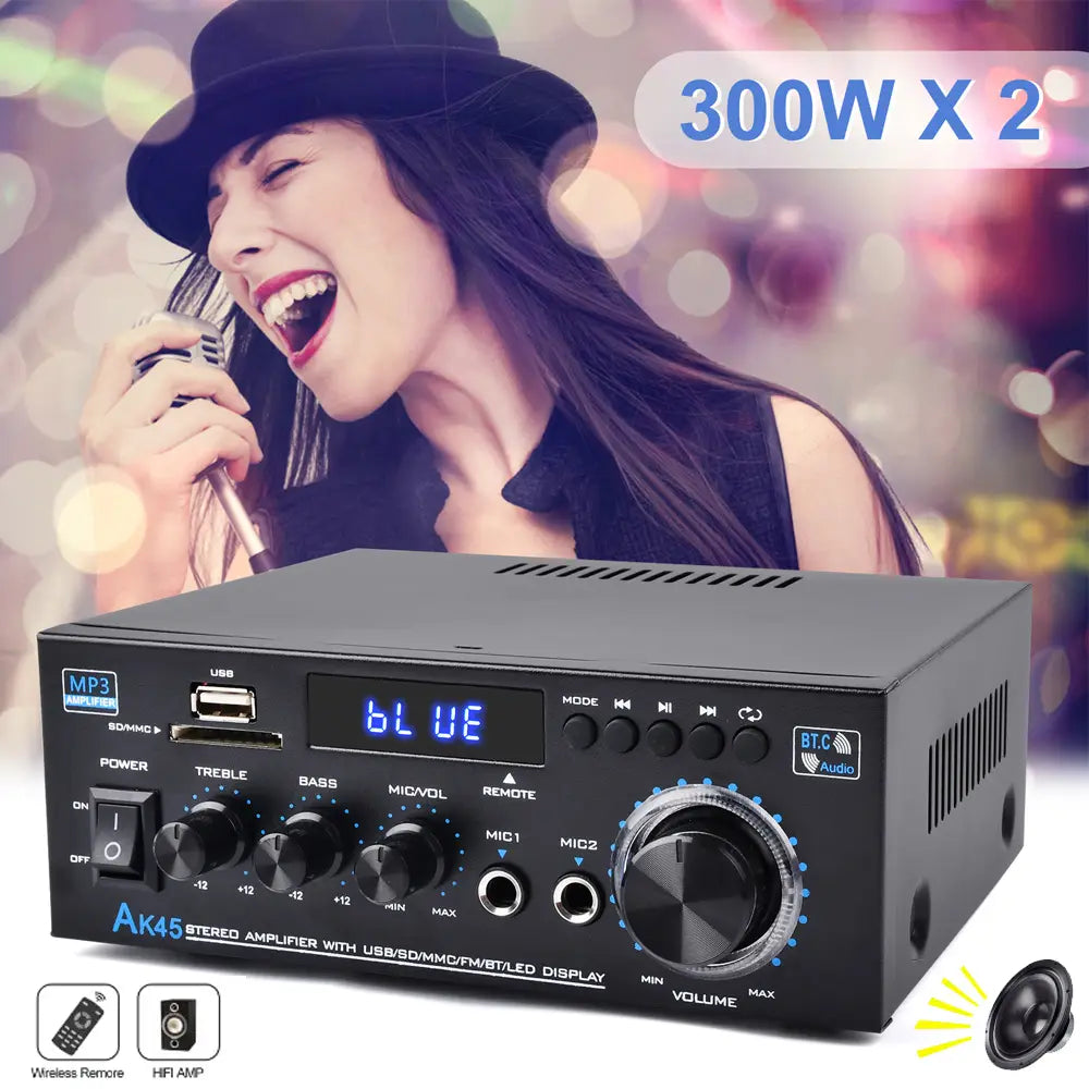 Channel 2.0 Surround Sound HiFi Digital Amplifier AK45 Bluetooth MP3 AMP Support 90V-240V for Home Car MAX 300W*2 for Speakers