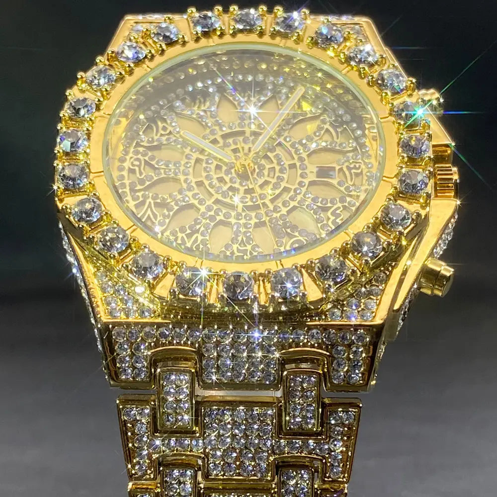 MISSFOX Hip Hop Wristwatch For Men Luxury lce Out Full Diamond Watches Fashion Green Watch Wterproof Week Display Clock 2025
