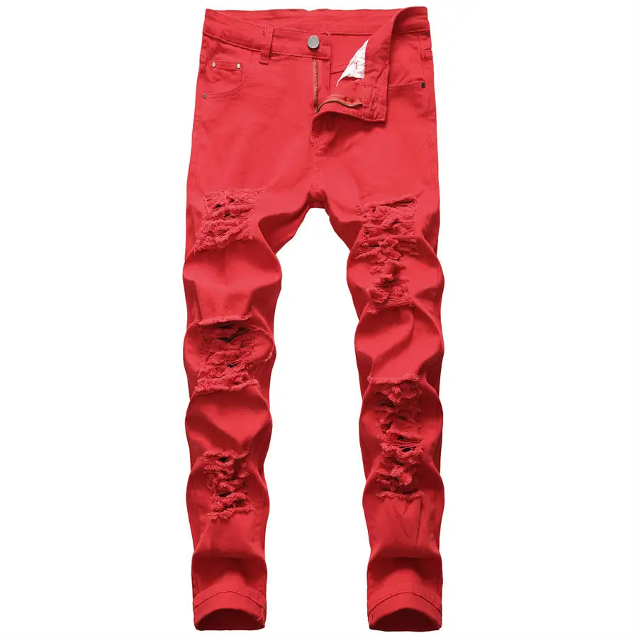 2026 New Men’s Casual Jeans Trendy Red Hip Hop Holes Slim Denim Pants Ripped Trousers Versatile Stretch Distressed Pants Male