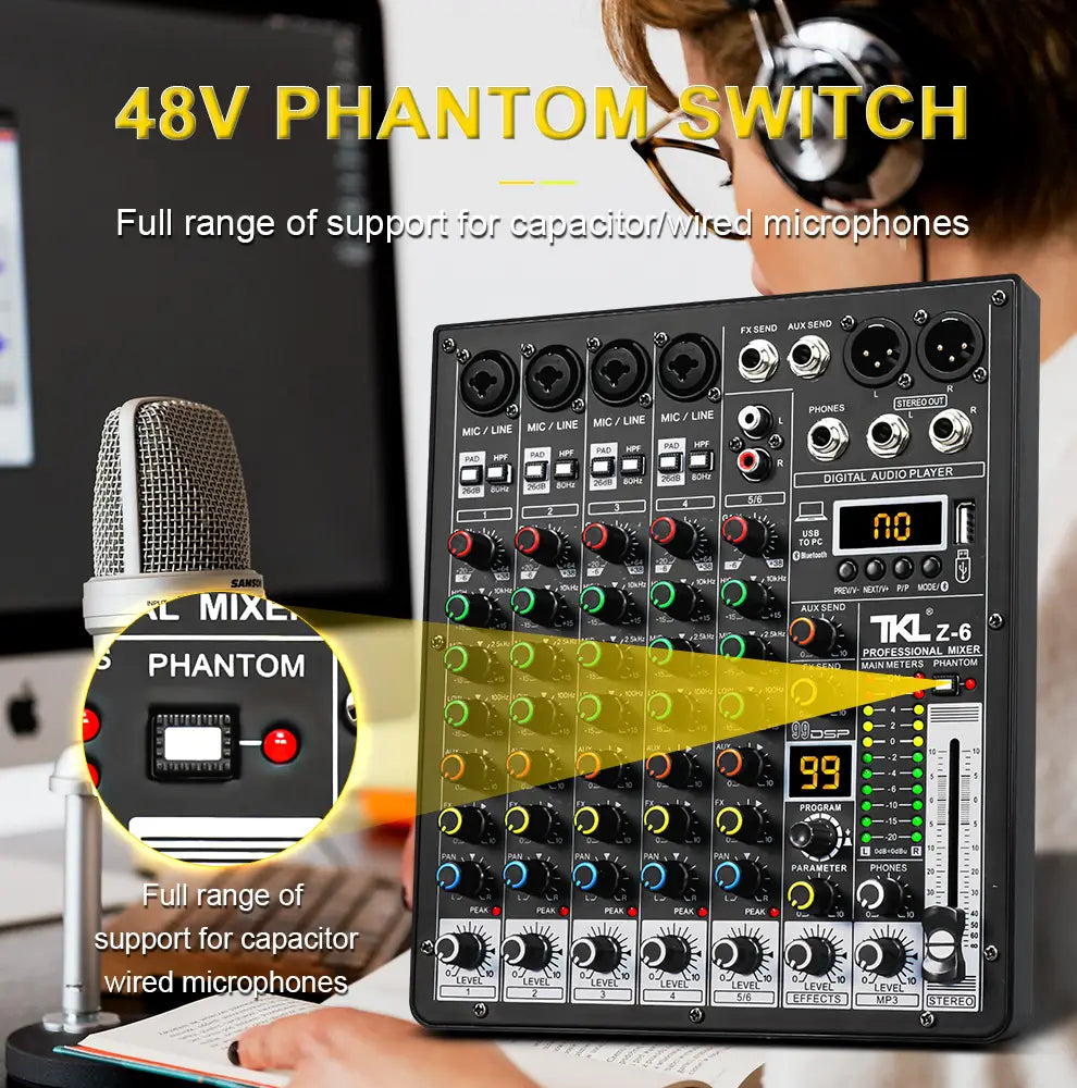 TKLBLS Professional 6-Channel 99DSP Audio Mixer 48V Phantom Power USB Studio Karaoke Bluetooth DJ Console Mixer