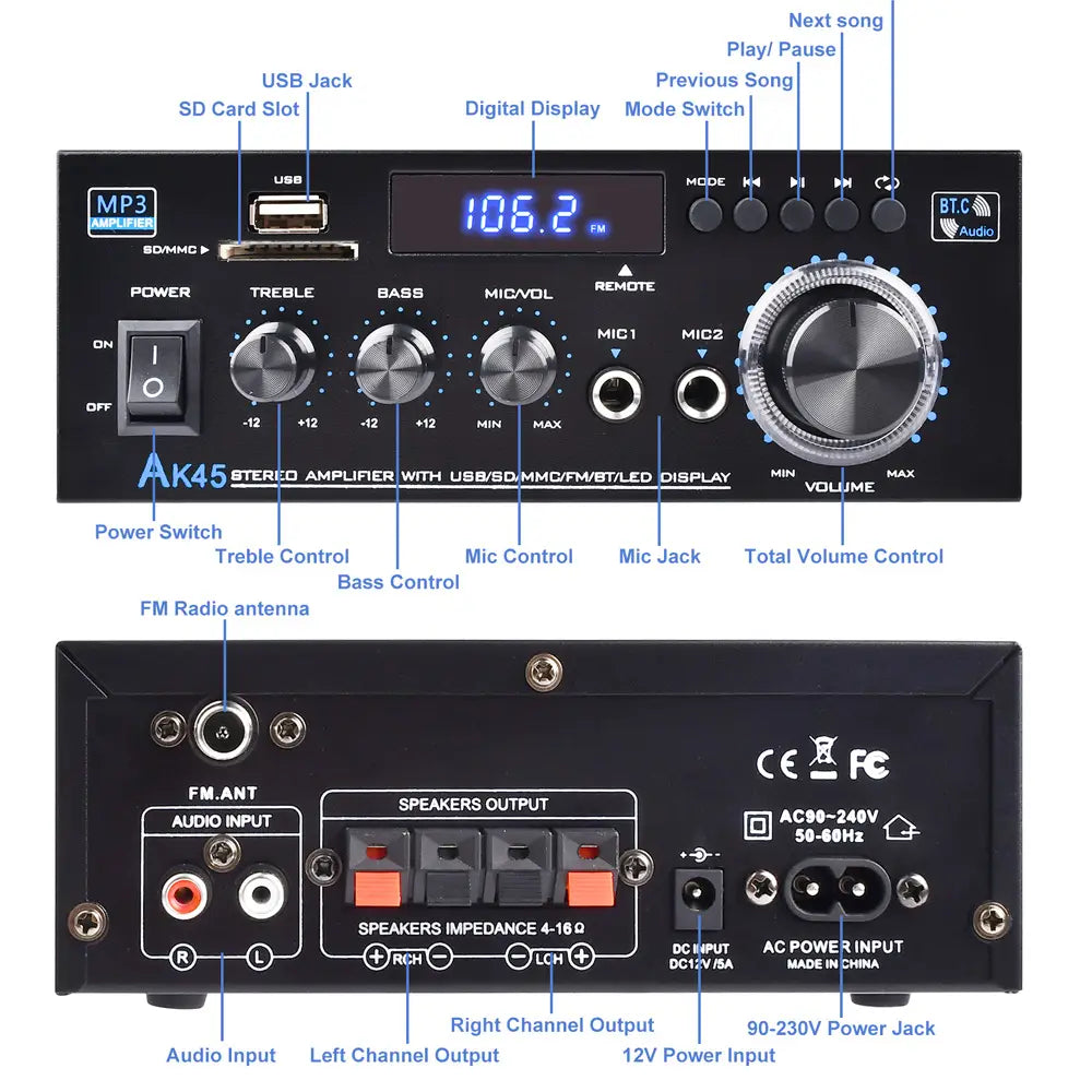 Channel 2.0 Surround Sound HiFi Digital Amplifier AK45 Bluetooth MP3 AMP Support 90V-240V for Home Car MAX 300W*2 for Speakers