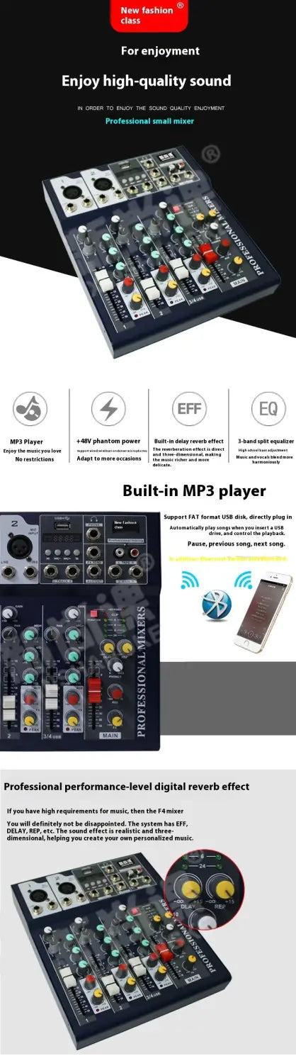 Portable Audio Mixer Systerm 2/4/5/6/7 Channel Bluetooth USB Flash Drive Recording Sound Card Live Broadcast Amplifier Mixer