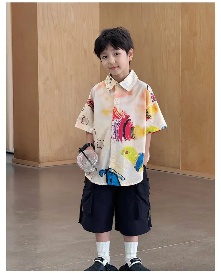 Hiphop Fashion Style Kids Boy Hip Hop Shirt with Drawings Baby Child Hiphop Rapper Dance Clothes Y2K Streetwear Clothes Tops