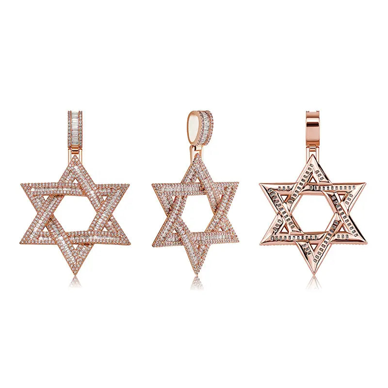 Hip Hop 3A+ CZ Stone Paved Bling Iced Out Jewish Star of David Pendants Necklaces for Men Rapper Jewelry Gold Silver Color