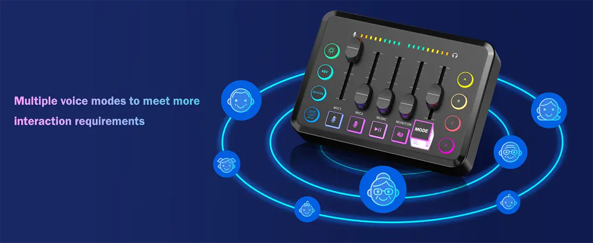 Gaming Audio Mixer,Rechargeable Audio Interface RGB Mixer with XLR Microphone Interface,48V Phantom Power,for Podcast/Recording