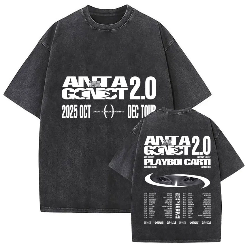 Rapper PLAYBOI CARTI ANTAGONIST Tour 2025 Merch T-Shirt Men’s Gothic Hip Hop Short Sleeve T Shirt Vintage Washed Tees Streetwear