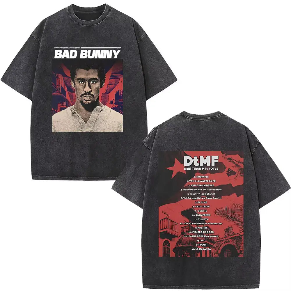 Rapper Bad Bunny Album Cover Washed Vintage T-shirts Debi Tirar Mas Fotos DTMF T Shirt Men’s Fashion Hip Hop T-shirts Streetwear