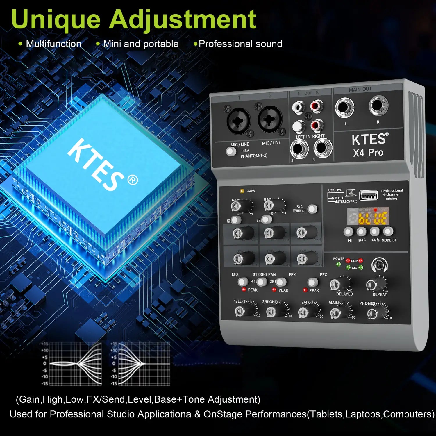 4-Channel Audio Mixer USB Audio Interface Sound Card with Bluetooth for Live Streaming Podcast Recording Home Studio