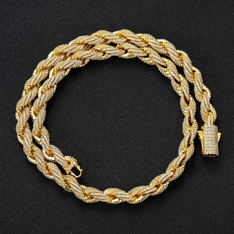 HIP Hop Full CZ Stone Paved Bling Iced Out 8mm Twist Rope Chain Chokers Necklace for Men Rapper Jewelry Gold Silver Color