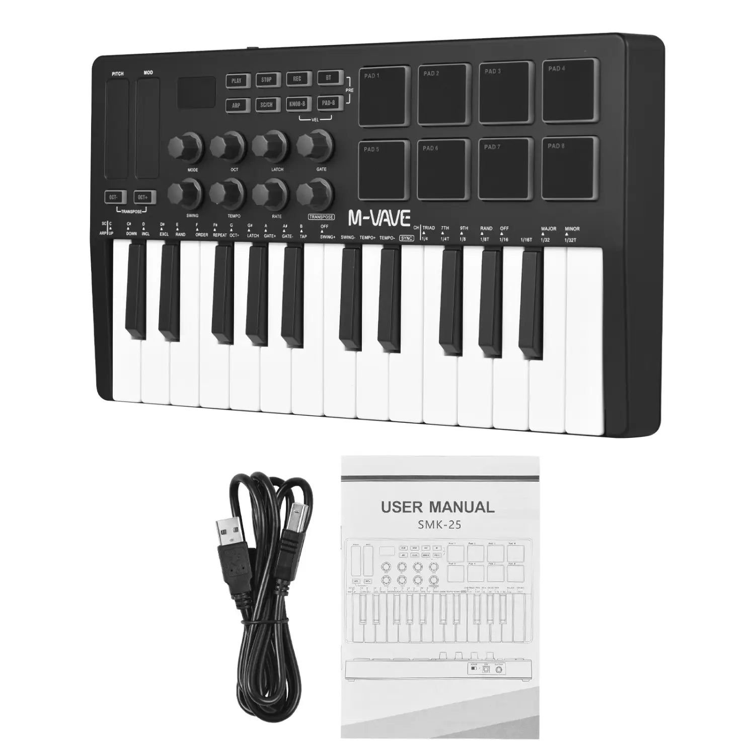 M-vave SMK-25 Mini 25 Keys Wireless / USB MIDI Keyboard Controller With 8 Backlit Drum Pads 8 Knobs and 2 Touch Stripes