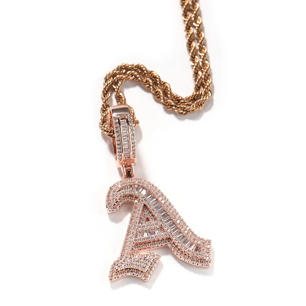 Hip Hop Micro Paved 5A+ Cubic Zirconia Bling Iced Out Old English Single CZ Letter Pendants Necklace for Men Rapper Jewelry
