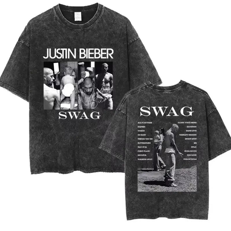 Rapper Justin Bieber SWAG Album 2025 Vintage Washed Graphic T-Shirt Woman’s Hip Hop Loose Fashion Short Sleeve Streetwear