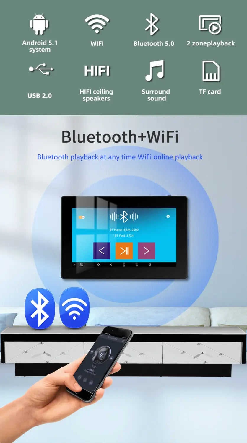 WiFi Bluetooth Wall Amplifier 7 inch Metal Frame Android Amp Home Theater Sound System Mini Stereo Ceiling Speaker Residential
