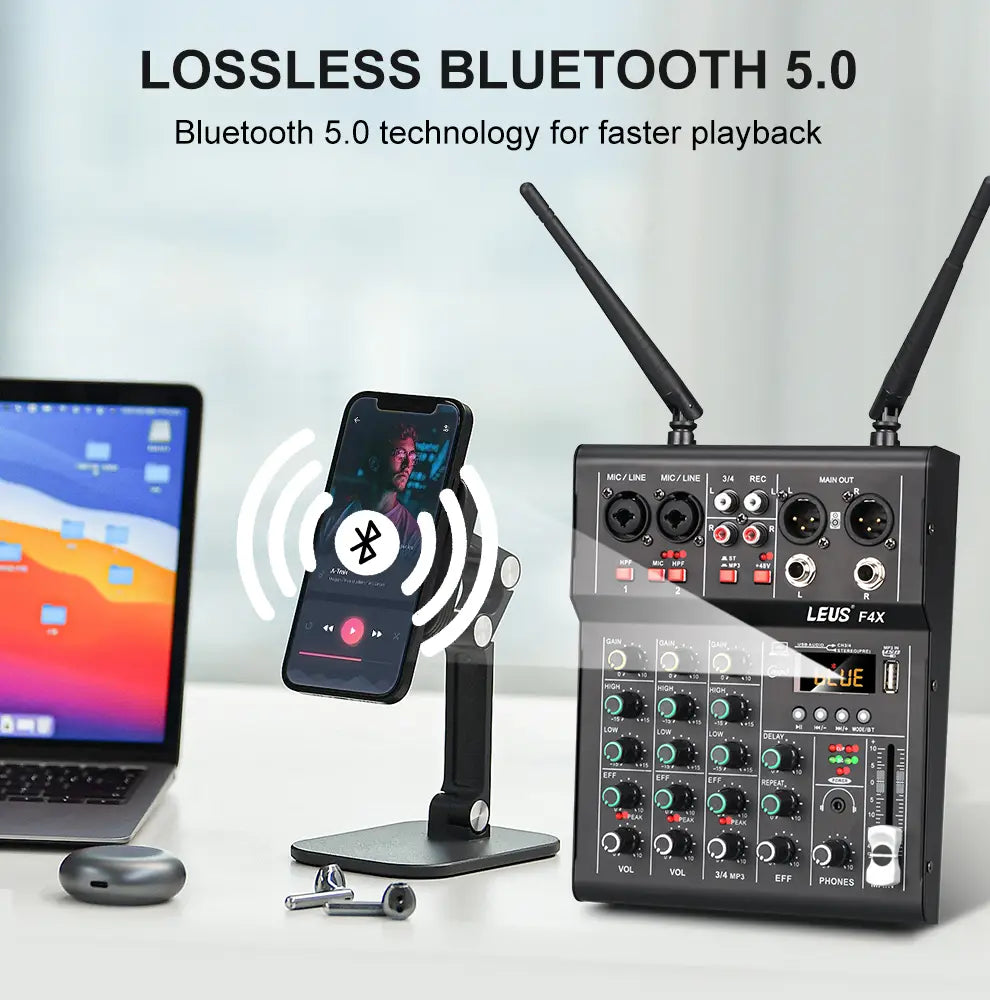 LEUS F4X Audio 4 Channel Sound Mixer With Dual UHF Wireless Microphone DJ Console Mixing for karaoke Party PC Studio Recording