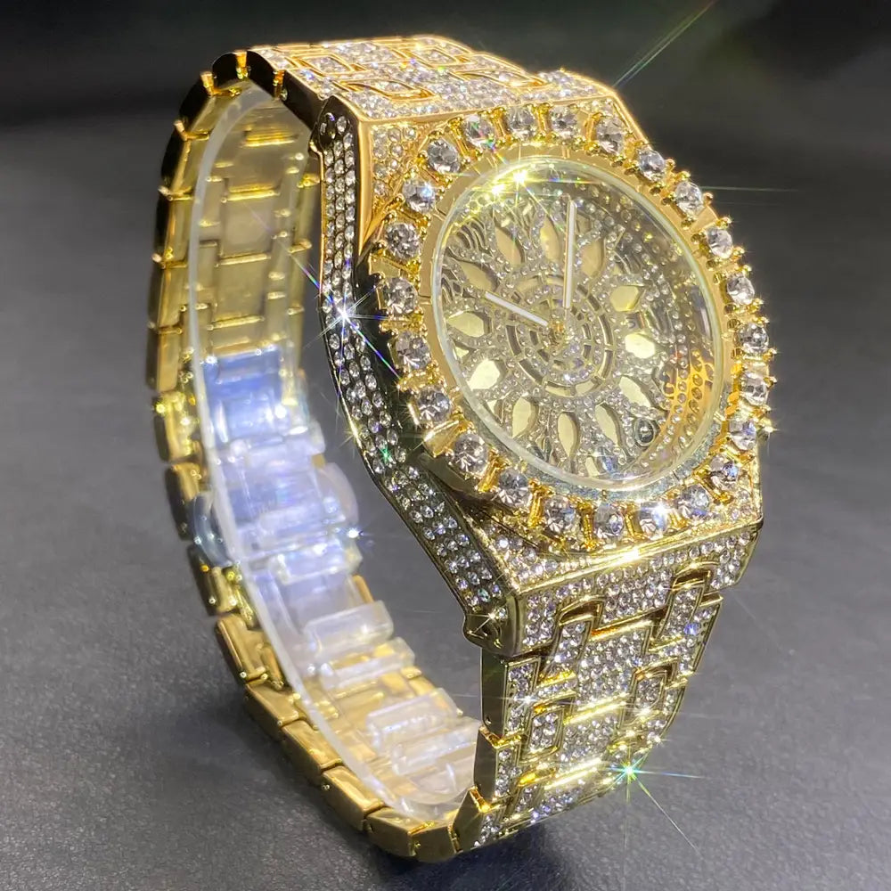 MISSFOX Hip Hop Wristwatch For Men Luxury lce Out Full Diamond Watches Fashion Green Watch Wterproof Week Display Clock 2025