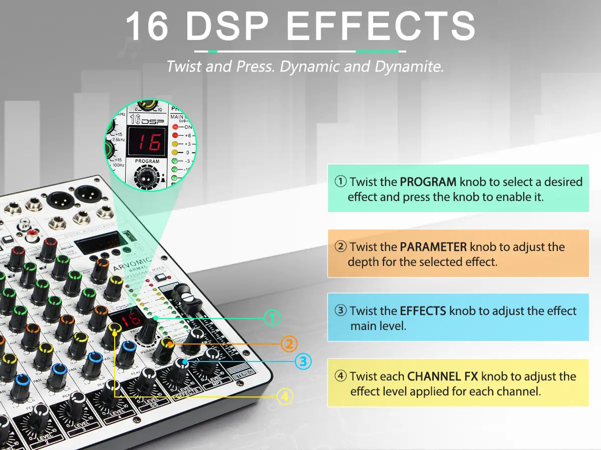 6-Channel Audio Mixer DJ Mixer with USB Audio Interface Bluetooth Function 16 DSP Effects and 3-Band EQ (ARMX-6)