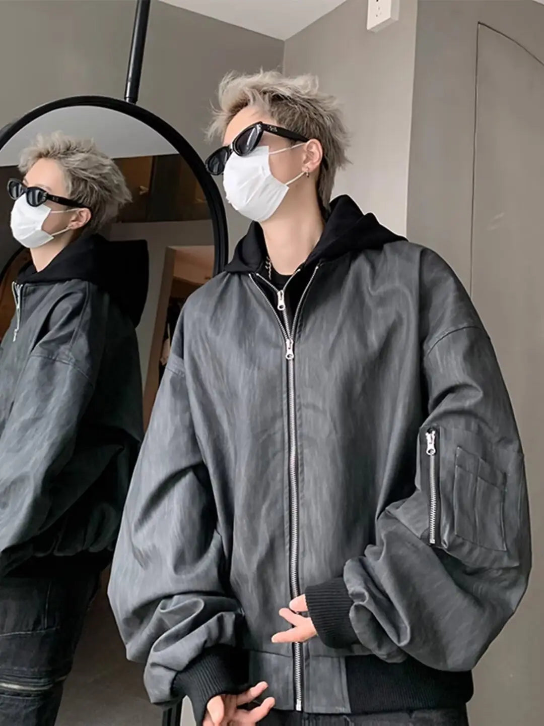 Hip Hop Style Fake Two-Piece Men’s Spring Autumn Baseball Jacket Pilot Coat Leather Shirt Trendy Handsome Hooded Coat