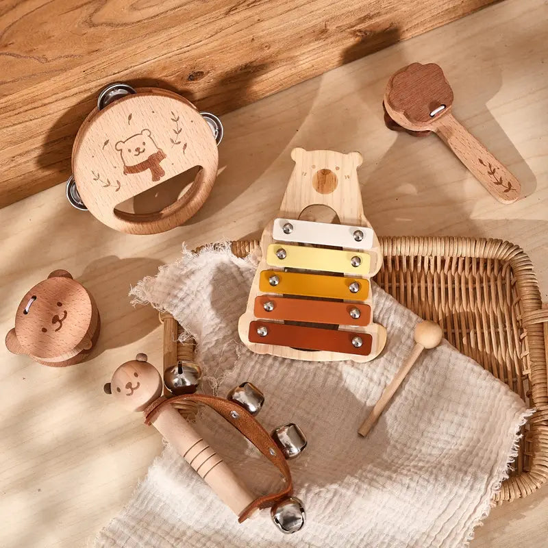 Baby Musical Toys Wooden Bear Rattle Bell Drum Xylophone Percussion Early Educational Instrument Playthings for Toddlers Kids