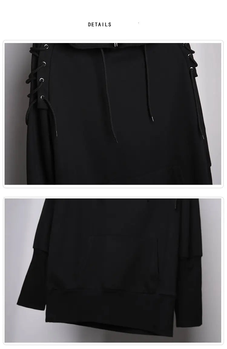 Punk Drawstring Sleeve Hooded Pullover Harajuku Techwear Hoodies Sweatshirts Mens Loose Hoody Clothing Hip Hop Streetwear