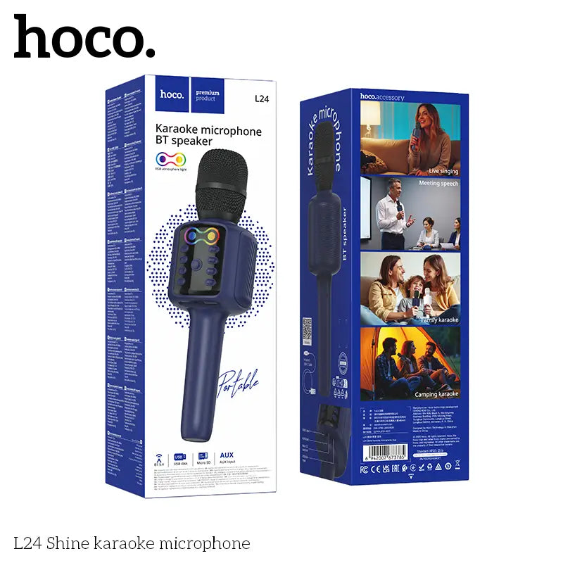 HOCO L24 Bluetooth 5.0 Karaoke Microphone Built-in 52mm Spearker Unit 5W Power Support USB Flash Drive TF card AUX Playback