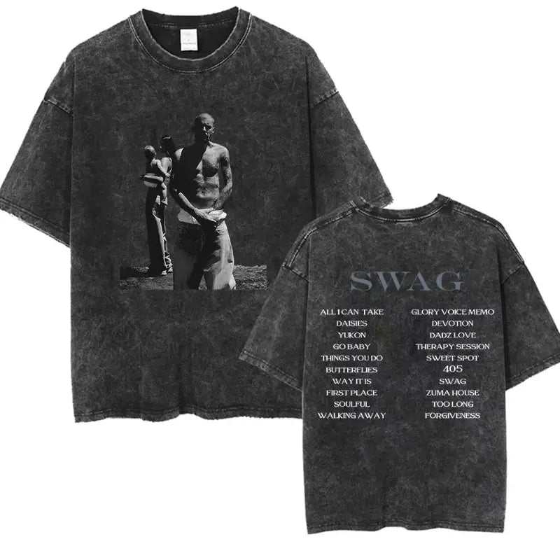 Rapper Justin Bieber SWAG Album 2025 Vintage Washed Graphic T-Shirt Woman’s Hip Hop Loose Fashion Short Sleeve Streetwear