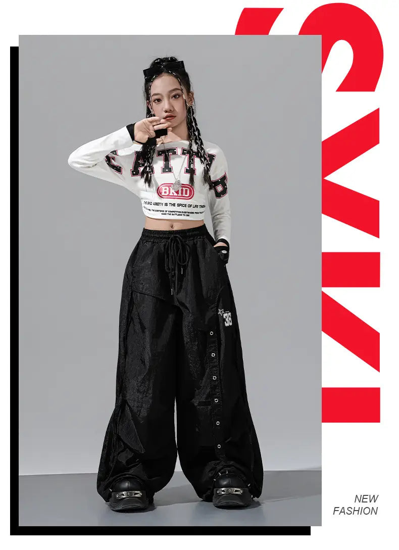 Hip Hop Girls Off Shoulders Crop Top Cargo Pants Kids K-pop Street Dance Clothes Set Children Girl Group Streetwear Teen Costume