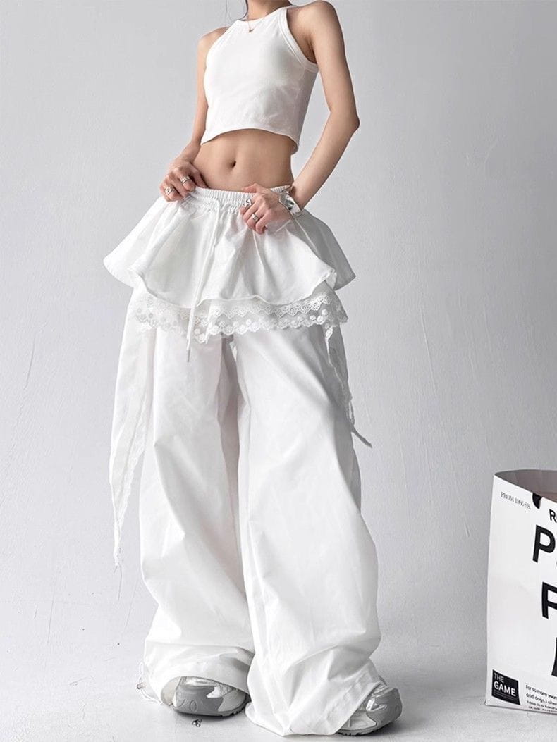 High Quality Lace Tiered Skirt Baggy Full Length Pants Hip Hop Dance Sexy Women Girls Casual Summer Trousers Elastic Drawstring