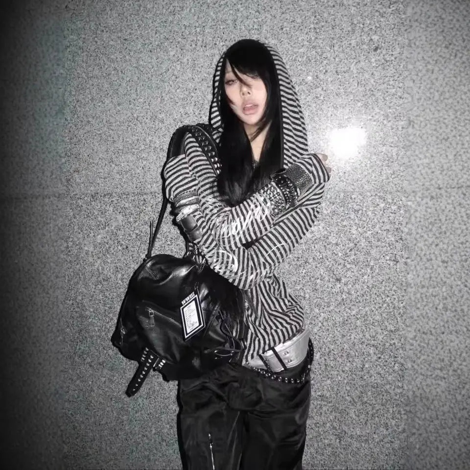 Stripe Harajuku Hip Hop Y2K Zip Up Hoodie Grunge Goth Unique Zipper Hoodie Sweatshirt Punk High Street Fashion EMO Clothes Chic