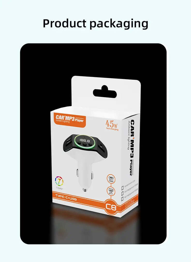 PD30W + QC3.0 Bluetooth 5.3 Car MP3 Player FM Transmitter Wireless Handsfree U Disk Play Music USB Type-C Car Fast Charger Adapter