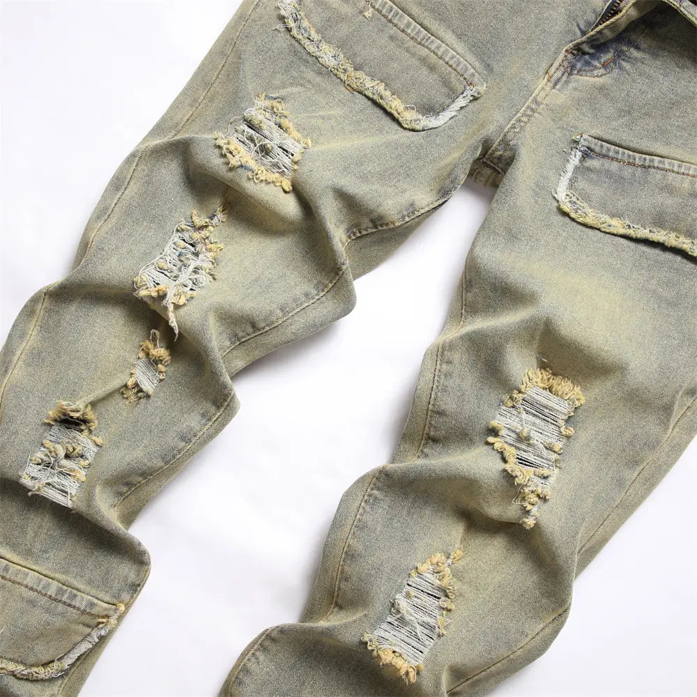 Streetwear Retro Style Men Ripped Spliced Slim Jeans Trousers Hip hop Holes Stylish Denim Pants For Male
