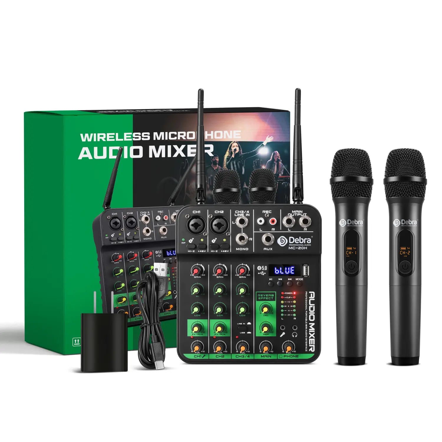 MC-20H UHF 4-Channel Audio Mixer with Dual Wireless Microphones Bluetooth 5.0 DJ Audio Tuner for Bands Webcasts Karaoke