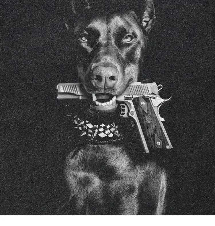 Hip Hop 2024 Vintage Washed Black T-Shirt Streetwear Doberman Dog Gun Graphic T Shirt Cotton Unisex Tshirt Men Tops Tee Hipster