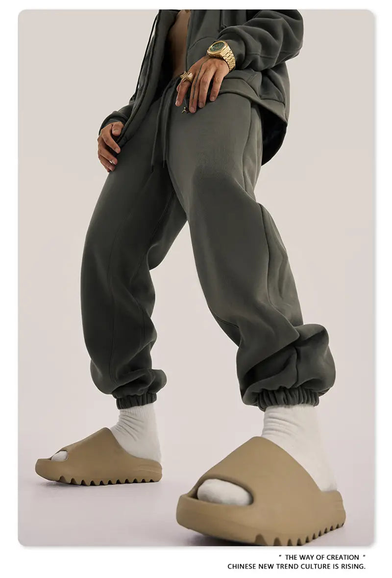 ZODF Trendy Men 345gsm Fleece Sweatpant Unisex Solid Color Loose Retro Hip Hop Winter Joggers Pants Brand Clothes HY0005