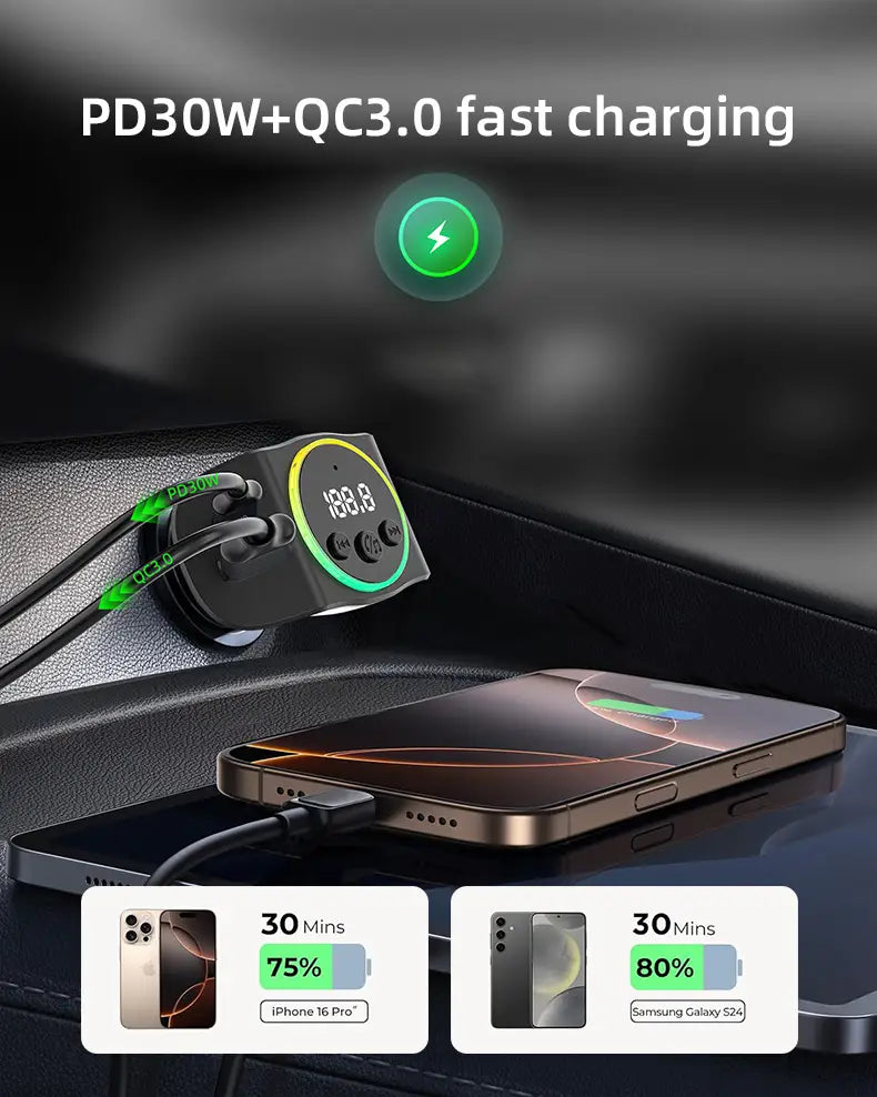 PD30W + QC3.0 Bluetooth 5.3 Car MP3 Player FM Transmitter Wireless Handsfree U Disk Play Music USB Type-C Car Fast Charger Adapter