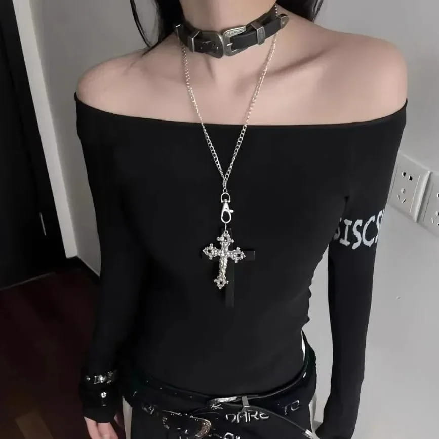 Personality Punk Y2K Cross Wood Black Drill Cool Pendant Necklace for Women Vintage Spicy Girls Hip Hop Necklace Jewelry Gifts