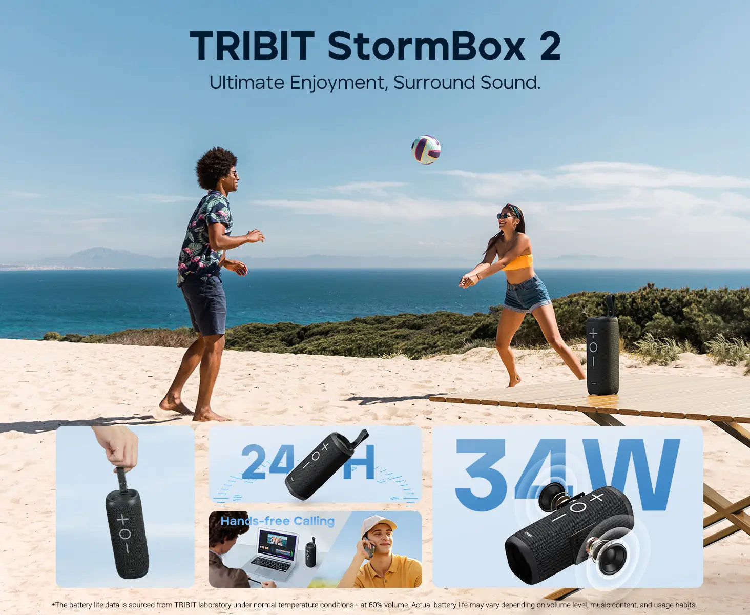 Tribit StormBox 2 Portable Bluetooth Speaker 34W Powerful Sound 360° Surround IPX7 Waterproof 24-Hour Playtime for Camping