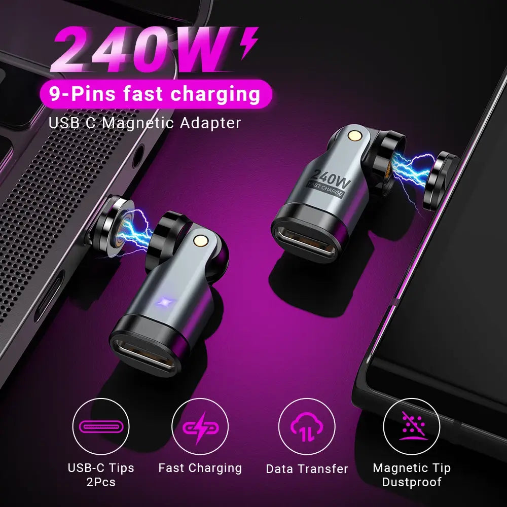 AUFU 9Pin Magnetic USB C OTG Adapter 540 Degree PD3.1 240W Fast Charging Type C Magnet Converter For iPhone 15 16 Laptop Xiaomi