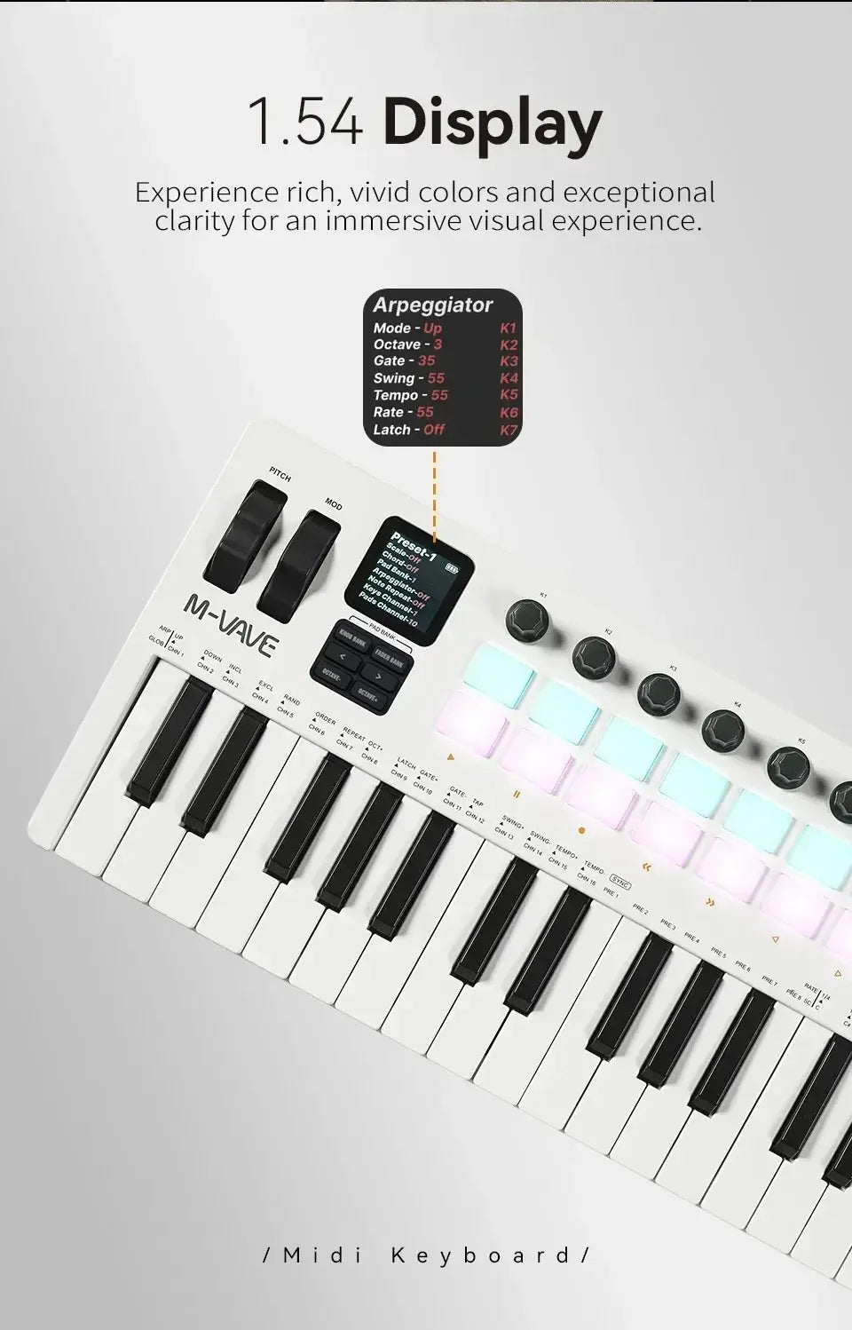 M-VAVE 37-Key MIDI Controller Portable 16 RGB Pads 8 Knobs SMK-37 PRO Built-in Synthesizer Keyboard Digital Piano instruments