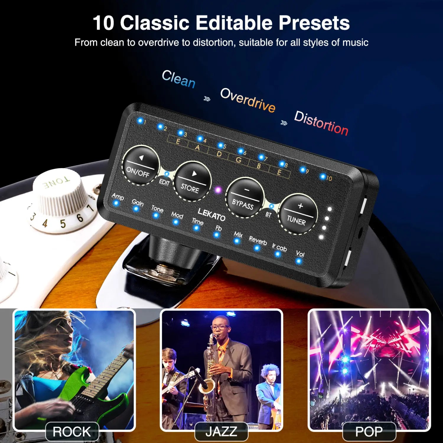 Lekato Guitar Plug Amp Pa-1 Headphone Mini Amplifier Speakers Combo Amplifier Acoustic Electric Bass Sound Pedal Board Delay H8