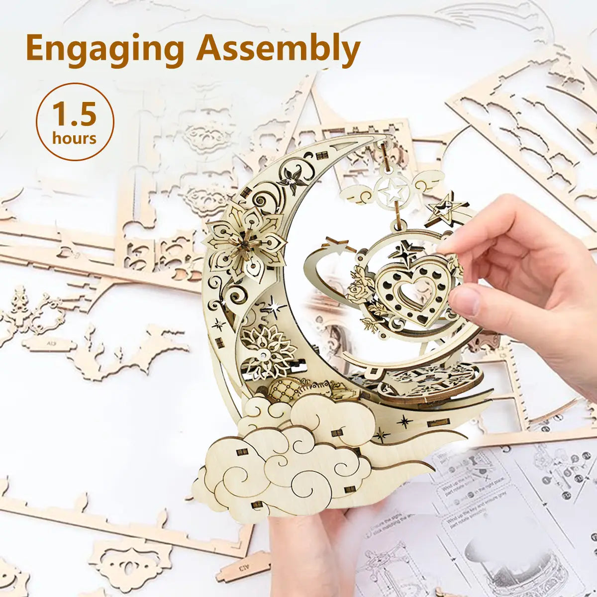 3D Wooden Puzzle Moon Star Model Music Box Building Kits Rotating Craft Decor Educational STEM Toy Gift for Adults Teens Kids