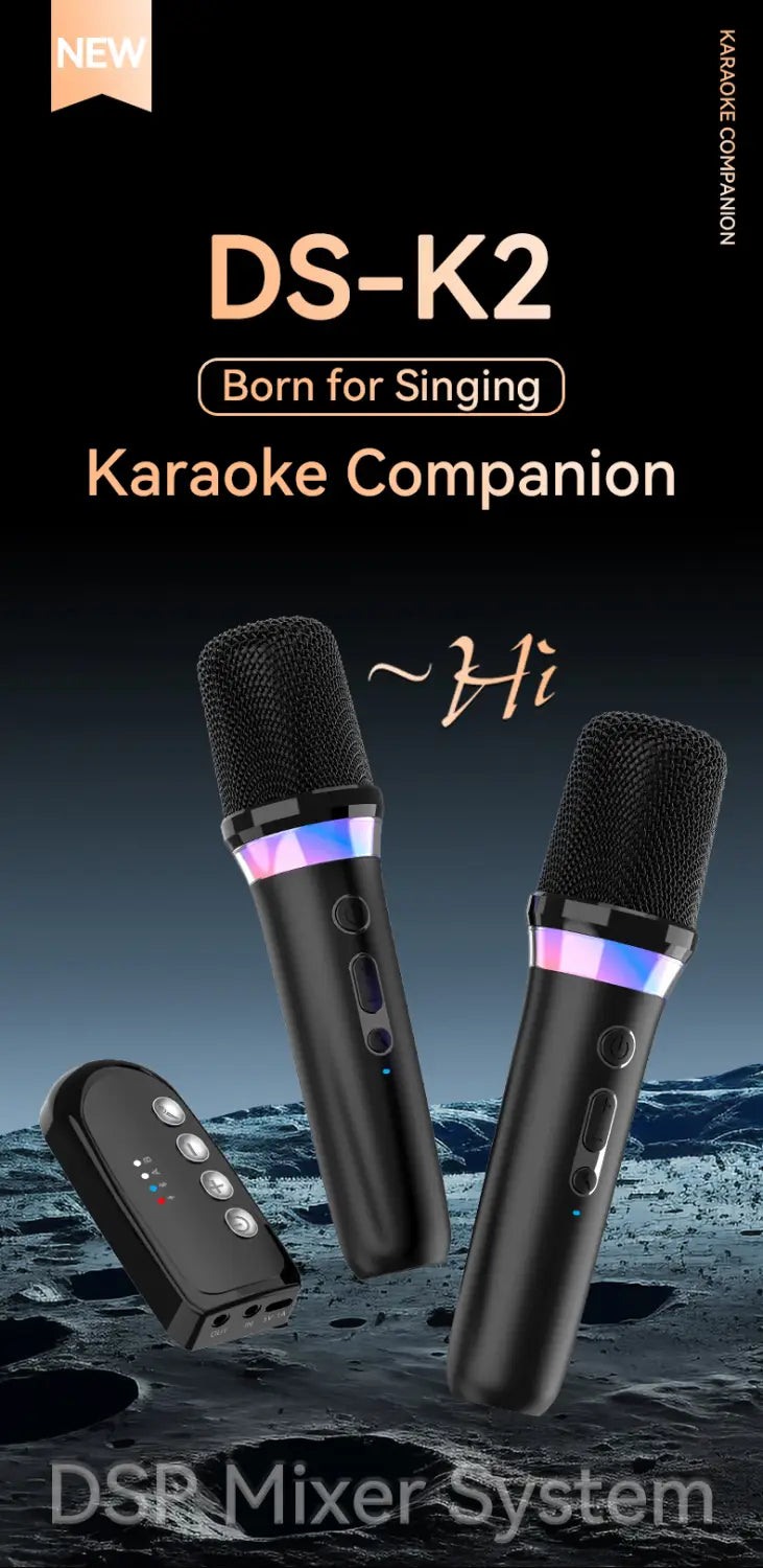 DS-K2 Karaoke Companion Bluetooth 5.3 Wireless Moving-Coil Microphone With RGB Light KTV DSP Mixer System For Wired Speaker Car